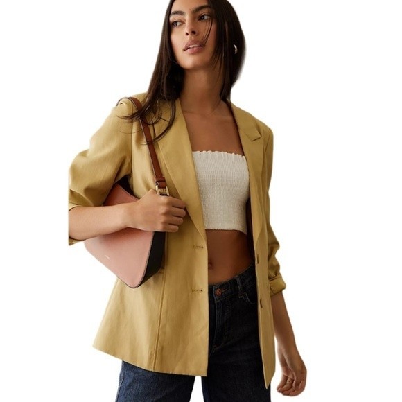 NWT Anthro Mon Renn Leone Khaki Notch Collar Long Sleeve Blazer Jacket XXL - Picture 1 of 17